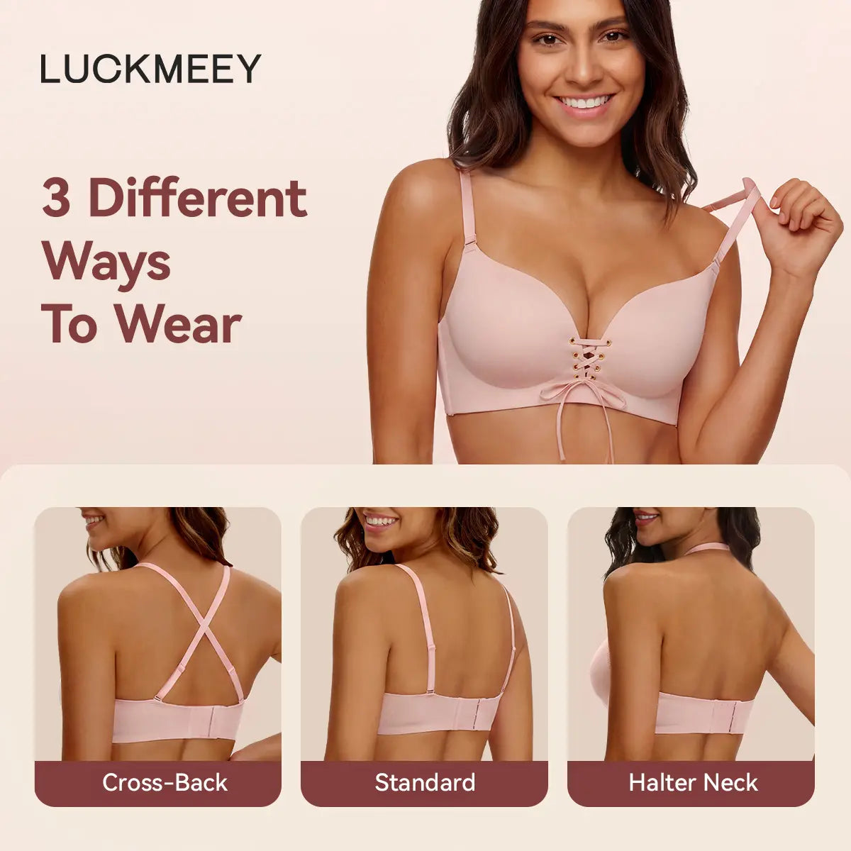 LUCKMEEY Drawstring Push Up Bra for Women | Wireless Lace Up Front Bra with Adjustable Lift & Enhanced Cleavage, Padded Comfort Bra for A B C Cups, Deep V Plunge Bra for Everyday Wear