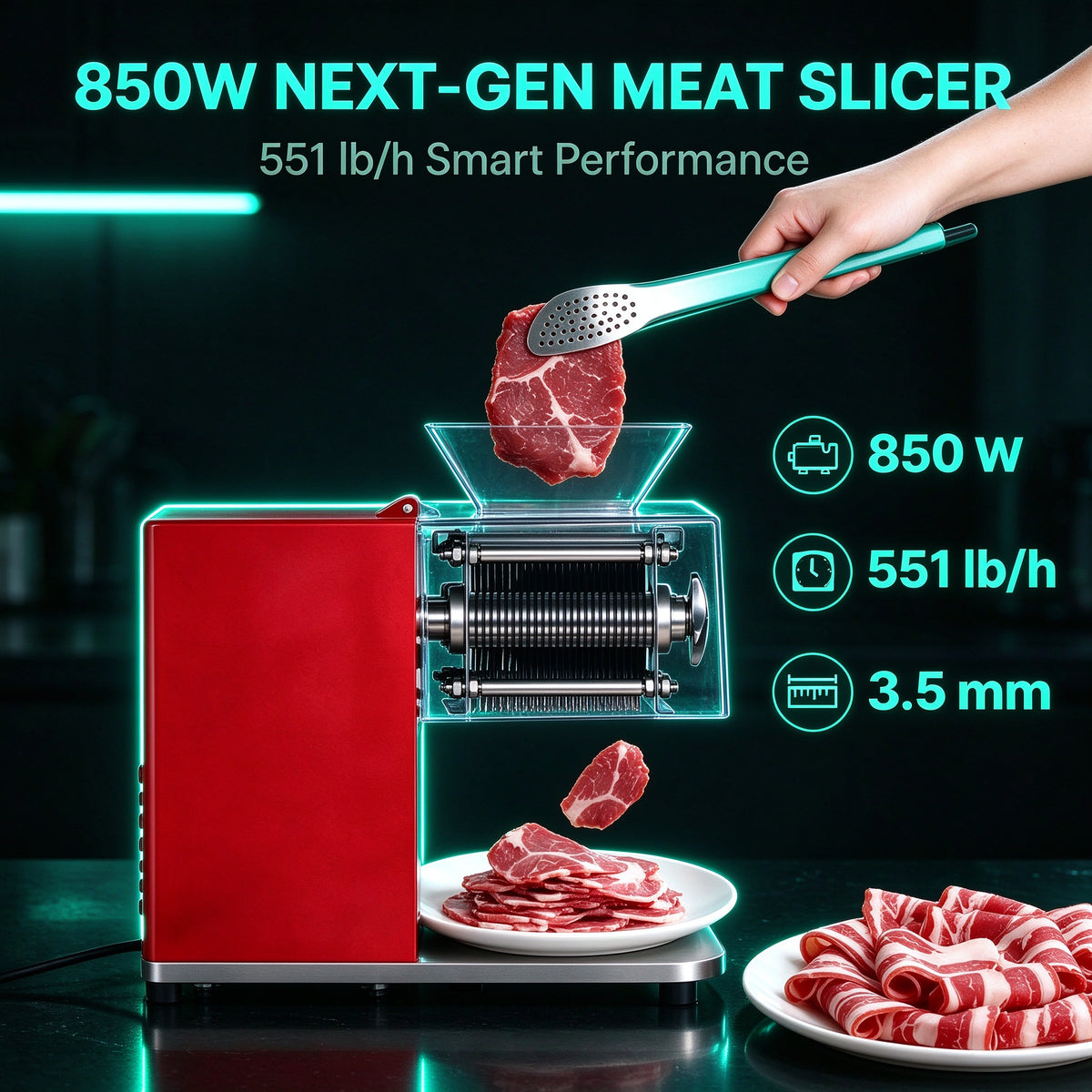 850W Smart Commercial Meat Cutter Machine, 551 lb/h Next-Gen Stainless Steel Meat Slicer 3.5mm Blade, 3-in-1 Smart Meat Cutting Machine for Modern Kitchen Tech