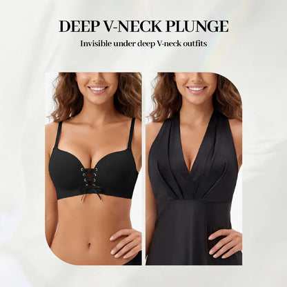 LUCKMEEY Drawstring Push Up Bra for Women | Wireless Lace Up Front Bra with Adjustable Lift & Enhanced Cleavage, Padded Comfort Bra for A B C Cups, Deep V Plunge Bra for Everyday Wear